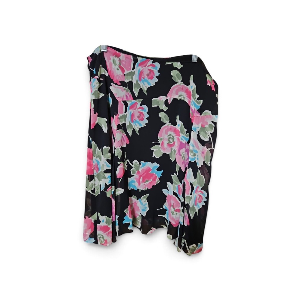Black Pink Floral Chiffon Asymmetrical Midi Skirt Rose Print Sheer Overlay 0529